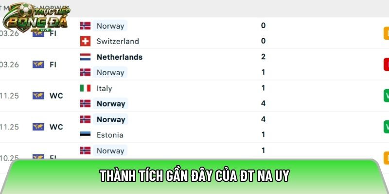Thành tích gần đây của ĐT Na Uy