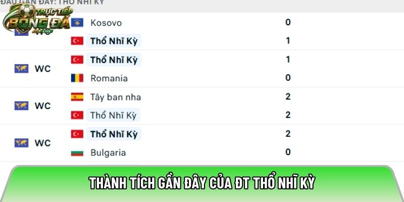 Thành tích gần đây của ĐT Thổ Nhĩ Kỳ